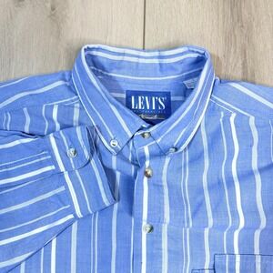 Vintage 80s Levi's Big E‎ Striped Button Down Shirt Blue White L Long Sleeve